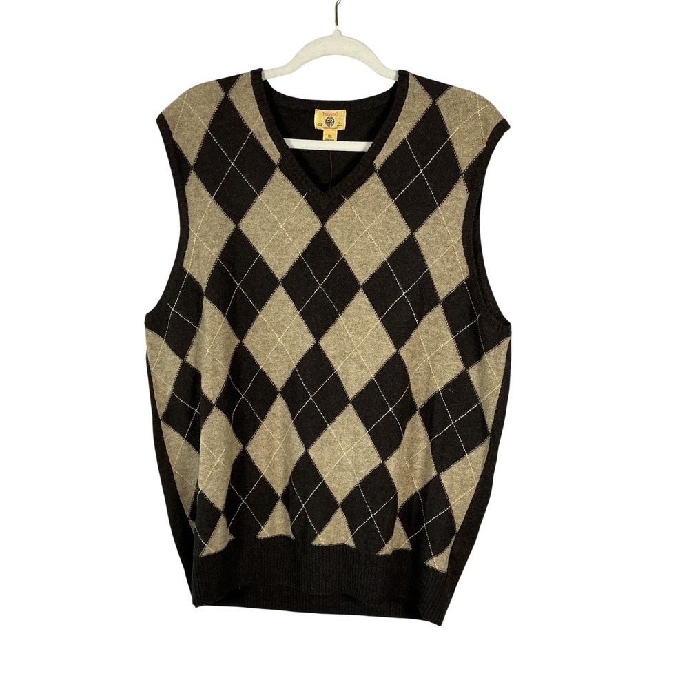 Trevero Mens Argyle Sweater Vest Brown Tan 100% Wool V-Neck XL NWT